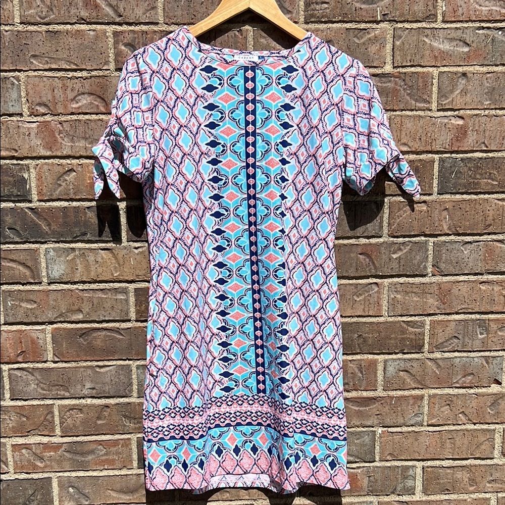 Cabana Life Women S Coral Blue Geometric UPF 50+ Sun Beach Tie Sleeve Dress VGC